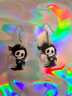 Cute Grim Reaper Skeleton Dangle Earrings Kawaii Goth Halloween Acrylic